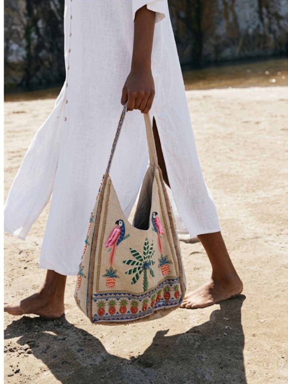 Zara Boho Embroidered Parrot & Pineapple Canvas Shopper Tote Bag Resort Purse